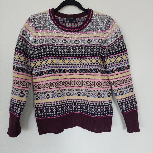 J. Crew Sequin Fair Isle Lambswool Sweater Size Small - Picture 3 of 11